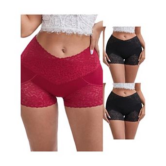 3 Packs Women's Lace Trim High Rise Shaper Shorts Seamless Flatten Tummy Hip-Lifter Control Panties