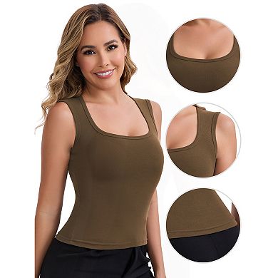 3 Packs Women's Wide Straps Square Neck Unpadded Long Camisole Airplane Sleeves Slimming Undershirt