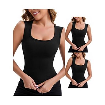 3 Packs Women's Wide Straps Square Neck Unpadded Long Camisole Airplane Sleeves Slimming Undershirt