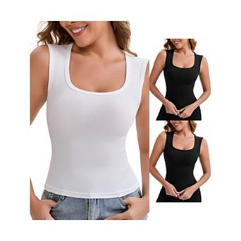 3 Packs Women's Wide Straps Square Neck Unpadded Long Camisole Airplane Sleeves Slimming Undershirt