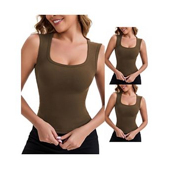3 Packs Women's Wide Straps Square Neck Unpadded Long Camisole Airplane Sleeves Slimming Undershirt