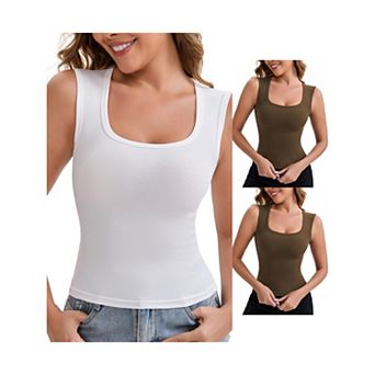 3 Packs Women's Wide Straps Square Neck Unpadded Long Camisole Airplane Sleeves Slimming Undershirt
