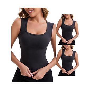 3 Packs Women's Wide Straps Square Neck Unpadded Long Camisole Airplane Sleeves Slimming Undershirt