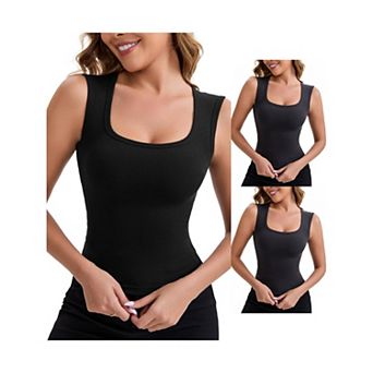 3 Packs Women's Wide Straps Square Neck Unpadded Long Camisole Airplane Sleeves Slimming Undershirt
