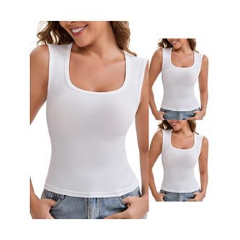 3 Packs Women's Wide Straps Square Neck Unpadded Long Camisole Airplane Sleeves Slimming Undershirt