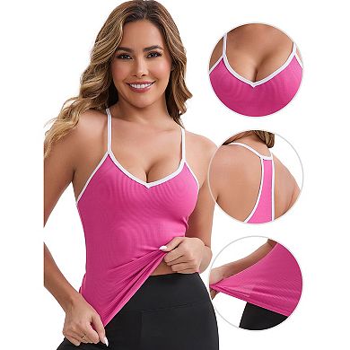 3 Packs Women's V-Neck Spaghetti Straps Tank Top Slim Fit Solid Elastic Cropped Athletic Camisoles