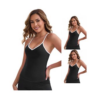 3 Packs Women's V-Neck Spaghetti Straps Tank Top Slim Fit Solid Elastic Cropped Athletic Camisoles