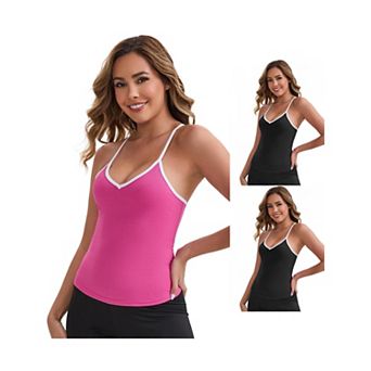 3 Packs Women's V-Neck Spaghetti Straps Tank Top Slim Fit Solid Elastic Cropped Athletic Camisoles