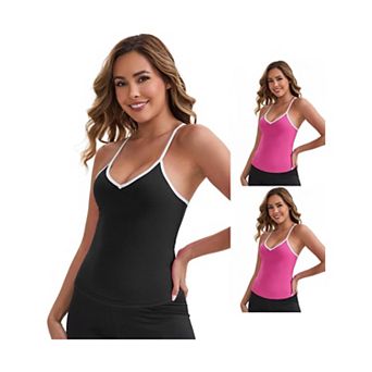 3 Packs Women's V-Neck Spaghetti Straps Tank Top Slim Fit Solid Elastic Cropped Athletic Camisoles