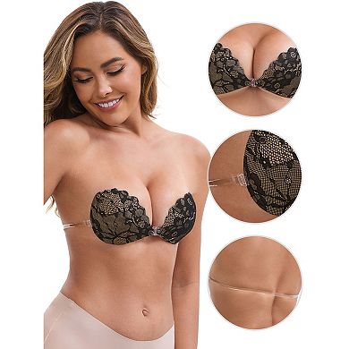 3 Packs Women's Lace Push Up Adhesive Bras Strapless Front Closure Anti-Slip Stick Nipple Covers
