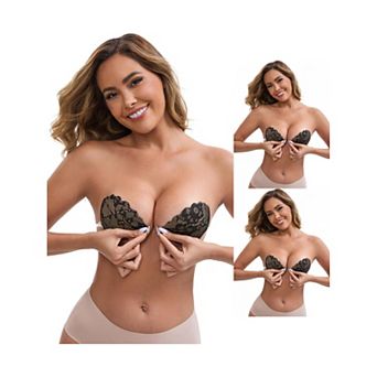 3 Packs Women's Lace Push Up Adhesive Bras Strapless Front Closure Anti-Slip Stick Nipple Covers