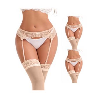 3 Packs Women's Hollow Lace Adjustable Lightweight Garter Belts with Four Clips Stockings Suspender