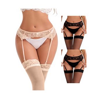 3 Packs Women's Hollow Lace Adjustable Lightweight Garter Belts with Four Clips Stockings Suspender