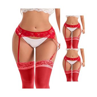 3 Packs Women's Hollow Lace Adjustable Lightweight Garter Belts with Four Clips Stockings Suspender