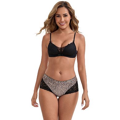 3 Packs Women's Lace Leopard Print Hip-Lifting Tummy Control Mid Rise Panties FullCoverage Boyshorts