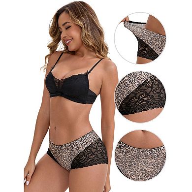 3 Packs Women's Lace Leopard Print Hip-Lifting Tummy Control Mid Rise Panties FullCoverage Boyshorts