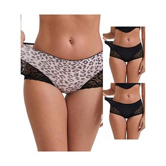 3 Packs Women's Lace Leopard Print Hip-Lifting Tummy Control Mid Rise Panties FullCoverage Boyshorts