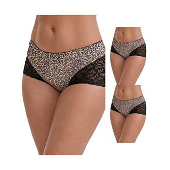 3 Packs Women's Lace Leopard Print Hip-Lifting Tummy Control Mid Rise Panties FullCoverage Boyshorts