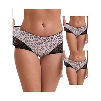 3 Packs Women's Lace Leopard Print Hip-Lifting Tummy Control Mid Rise Panties FullCoverage Boyshorts