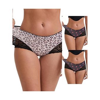 3 Packs Women's Lace Leopard Print Hip-Lifting Tummy Control Mid Rise Panties FullCoverage Boyshorts