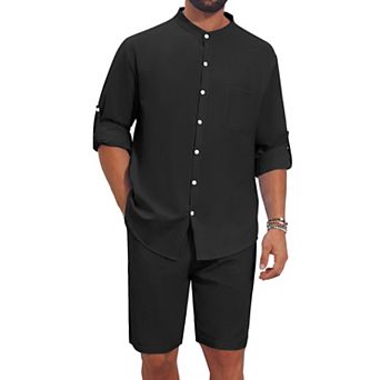 Men's 2 pc Linen Set Casual Long Sleeve Henley Shirt & Shorts Summer Beach Vacation Outfits