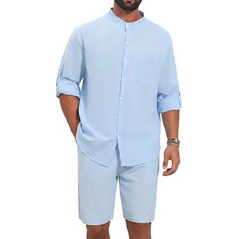 Men's 2 pc Linen Set Casual Long Sleeve Henley Shirt & Shorts Summer Beach Vacation Outfits