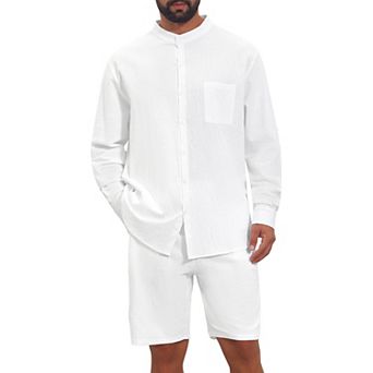 Men's 2 pc Linen Set Casual Long Sleeve Henley Shirt & Shorts Summer Beach Vacation Outfits