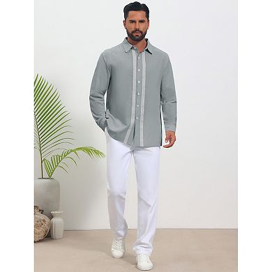 Men's Casual Long Sleeve Button Color Block Lace Trim Linen Shirts