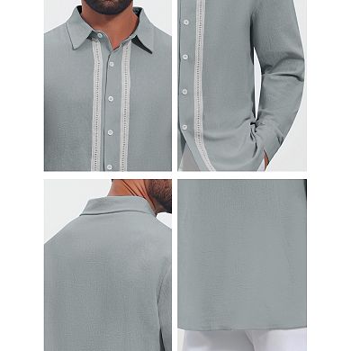 Men's Casual Long Sleeve Button Color Block Lace Trim Linen Shirts