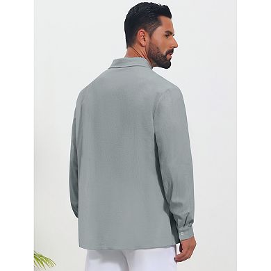 Men's Casual Long Sleeve Button Color Block Lace Trim Linen Shirts