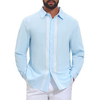 Men's Casual Long Sleeve Button Color Block Lace Trim Linen Shirts