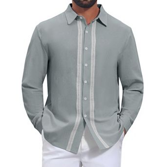 Men's Casual Long Sleeve Button Color Block Lace Trim Linen Shirts