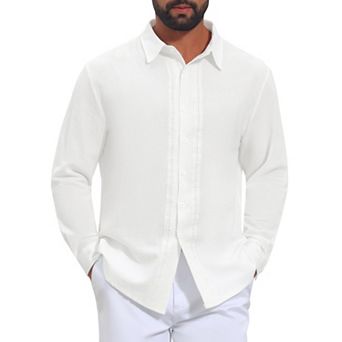 Men's Casual Long Sleeve Button Color Block Lace Trim Linen Shirts