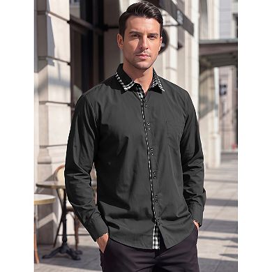 Men's Dress Shirt Long Sleeve Button Down Contrast Plaid Collar Shirts