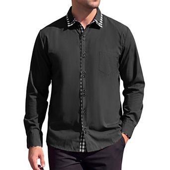 Men's Dress Shirt Long Sleeve Button Down Contrast Plaid Collar Shirts