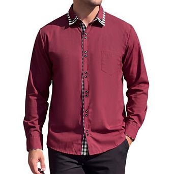Men's Dress Shirt Long Sleeve Button Down Contrast Plaid Collar Shirts