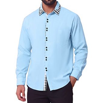 Men's Dress Shirt Long Sleeve Button Down Contrast Plaid Collar Shirts