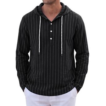Men's Linen Hoodie Long Sleeve Button Summer Beach Striped Henley Shirts with Drawstring Hood