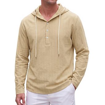 Men's Linen Hoodie Long Sleeve Button Summer Beach Striped Henley Shirts with Drawstring Hood