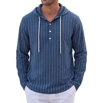 Men's Linen Hoodie Long Sleeve Button Summer Beach Striped Henley Shirts with Drawstring Hood