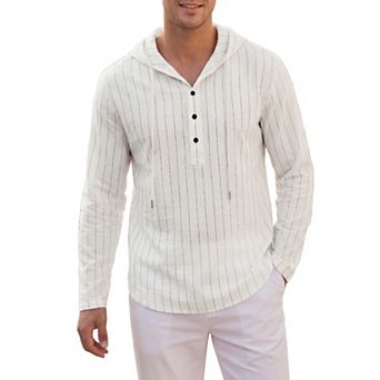 Men's Linen Hoodie Long Sleeve Button Summer Beach Striped Henley Shirts with Drawstring Hood