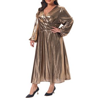Women's Plus Size Metallic Gathered A-Line Dress V Neck Lantern Sleeve Dress Party Maxi Dresses