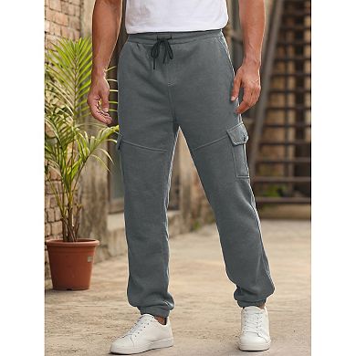 Men's Fleece Lined Sweatpants Multiple Pockets Drawstring Waist Cargo Pants