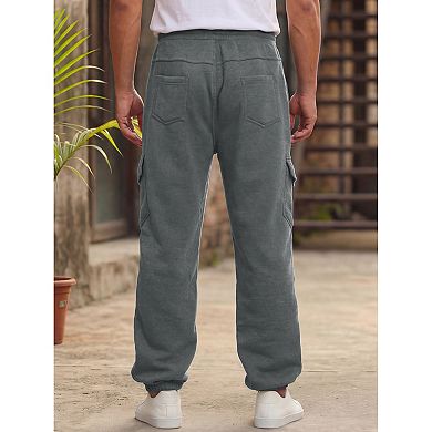 Men's Fleece Lined Sweatpants Multiple Pockets Drawstring Waist Cargo Pants