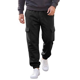 Men's Fleece Lined Sweatpants Multiple Pockets Drawstring Waist Cargo Pants