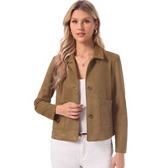 Faux Suede Jacket for Women's Button Down Point Collar Pockets Fall Winter Cropped Jacket