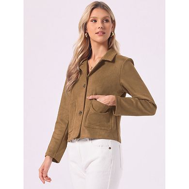 Faux Suede Jacket for Women's Button Down Point Collar Pockets Fall Winter Cropped Jacket