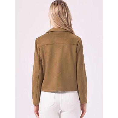 Faux Suede Jacket for Women's Button Down Point Collar Pockets Fall Winter Cropped Jacket