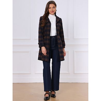 Women's Vintage Plaid Pea Coat Long Sleeve Stand Collar Belted Single Breasted Winter Outerwear