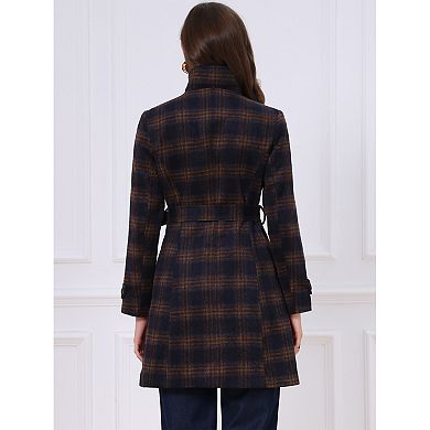 Women's Vintage Plaid Pea Coat Long Sleeve Stand Collar Belted Single Breasted Winter Outerwear